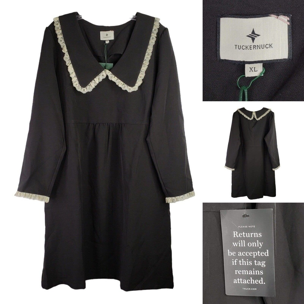 Tuckernuck Women's Black Lace Collar Dress Size XL Stretch Long Sleeve A Line